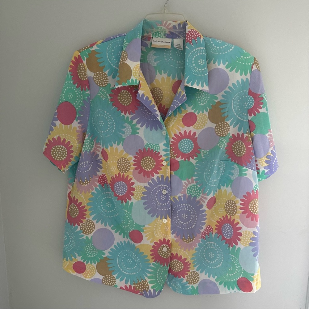 Alfred Dunner Vintage Multi Color Floral Printed Short Sleeve Button Down Shirt